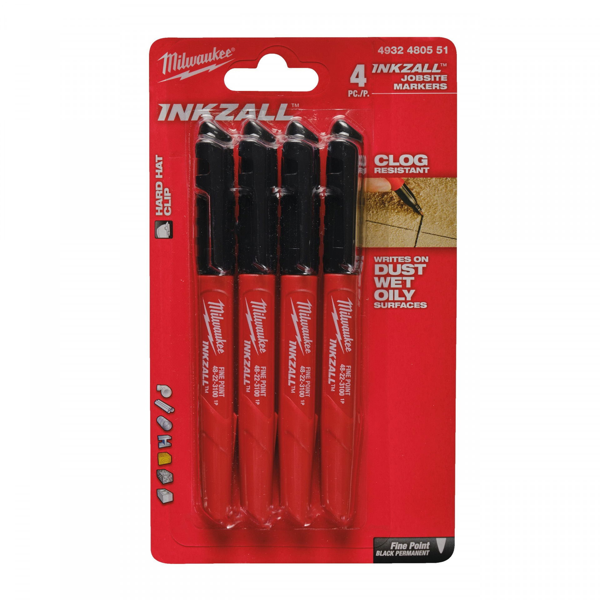 Milwaukee INKZALL™ jelölő filc, 1 mm vékony tartós hegy, fekete, 4 db/csomag termék fő termékképe
